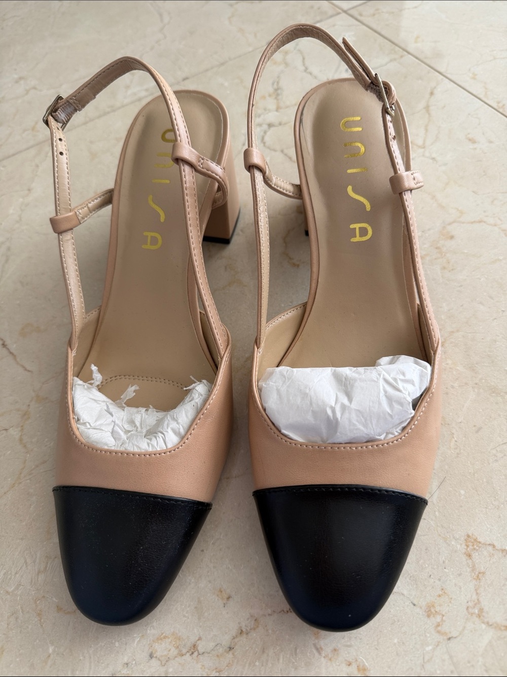 New no boxes.Unisa Nude and Black Two-Tone Slingback Pumps